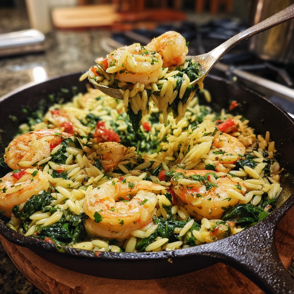Shrimp and Spinach Orzo Skillet