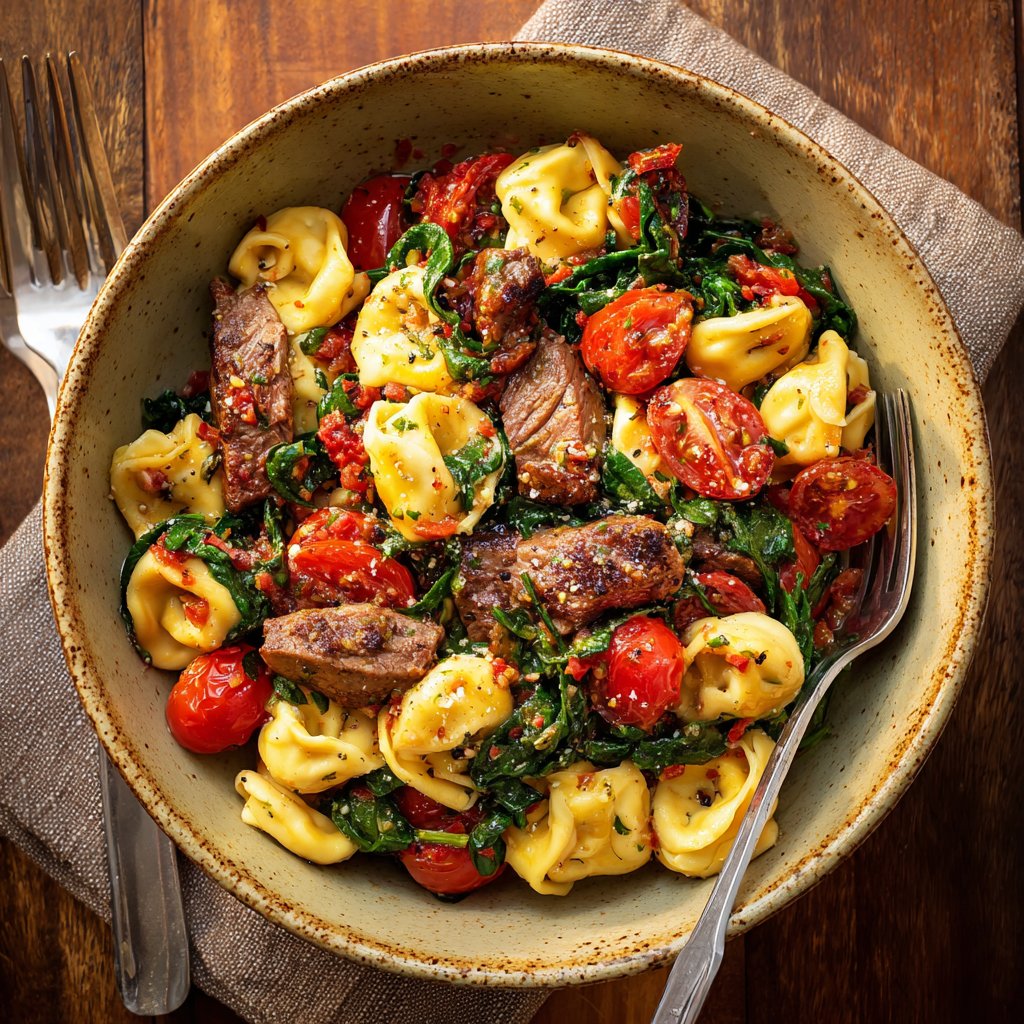 Garlic Steak Tortellini with Spinach and Cherry Tomatoes