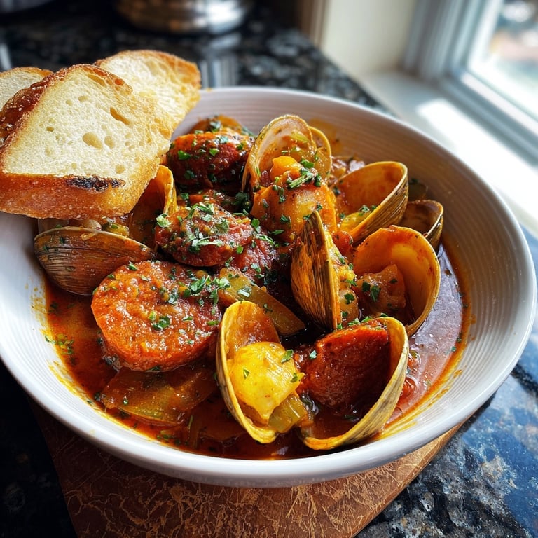 PORTUGUESE CLAMS STEW with chorizo and white wine sauce