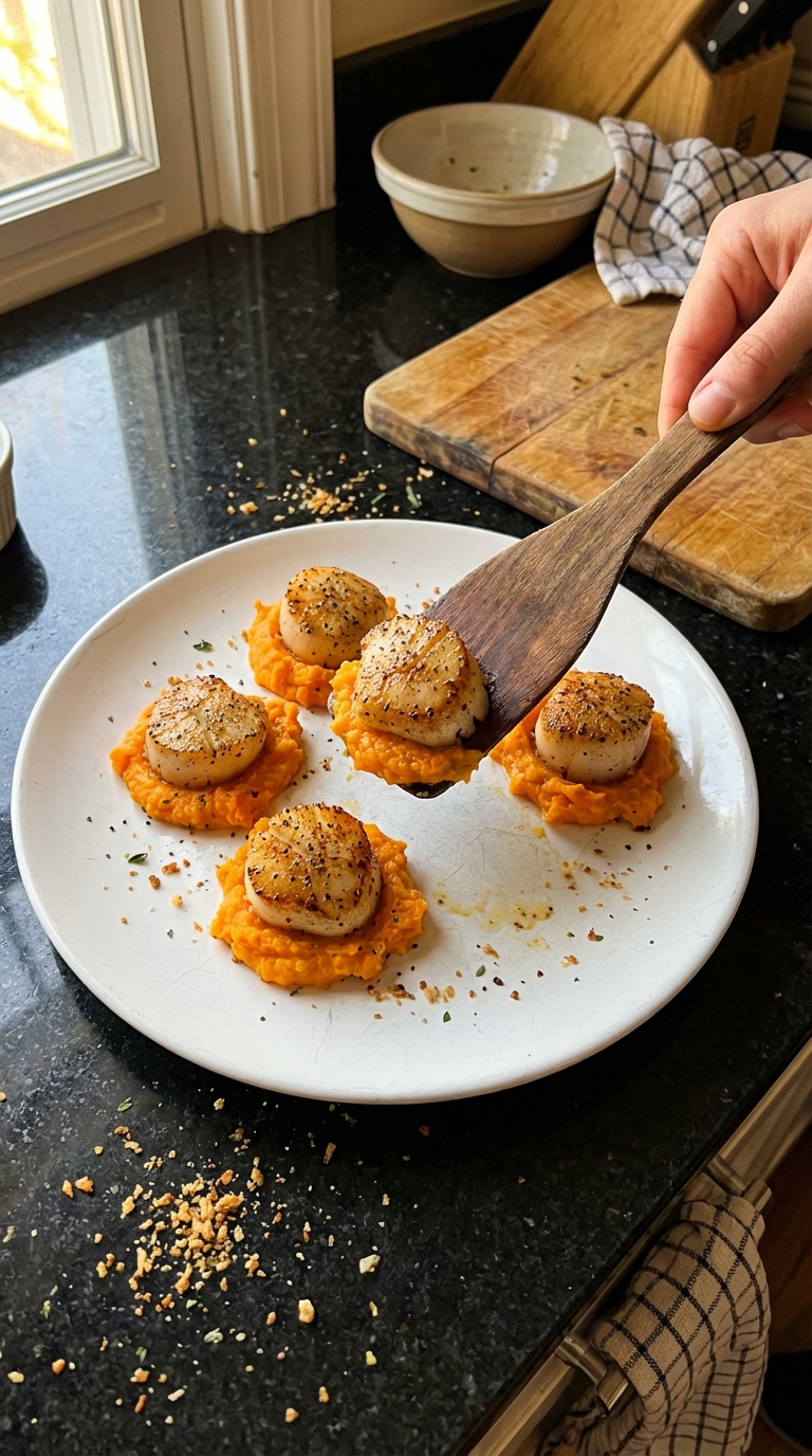 Peppered Scallops on Sweet Potato