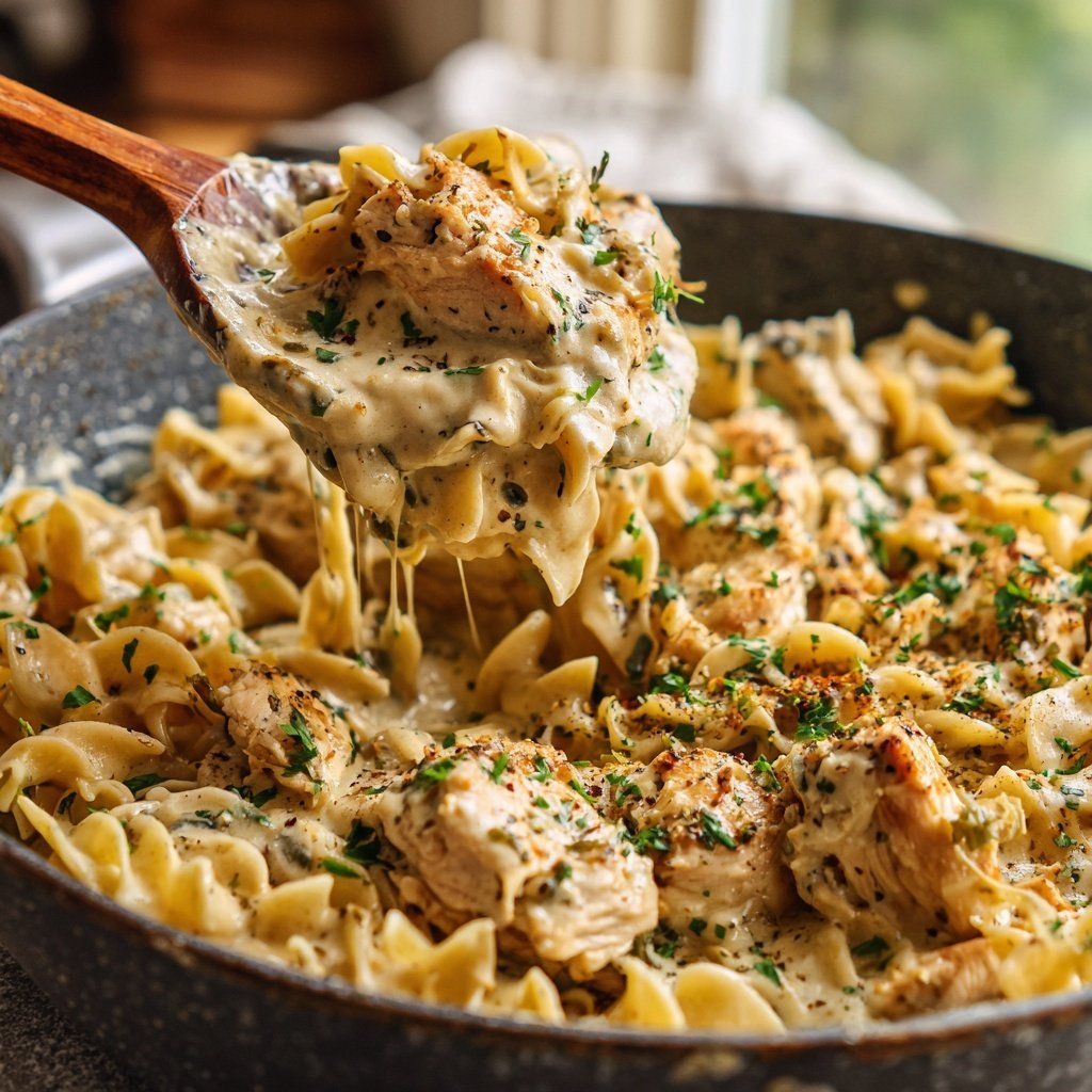 Creamy Garlic Chicken and Noodles Skillet